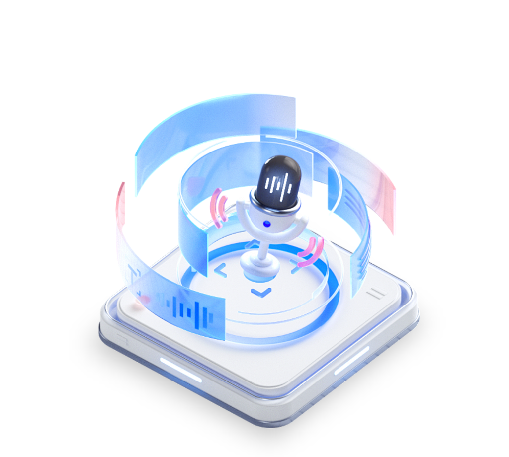 AI-powered text to speech illustration showing a microphone on a holographic platform